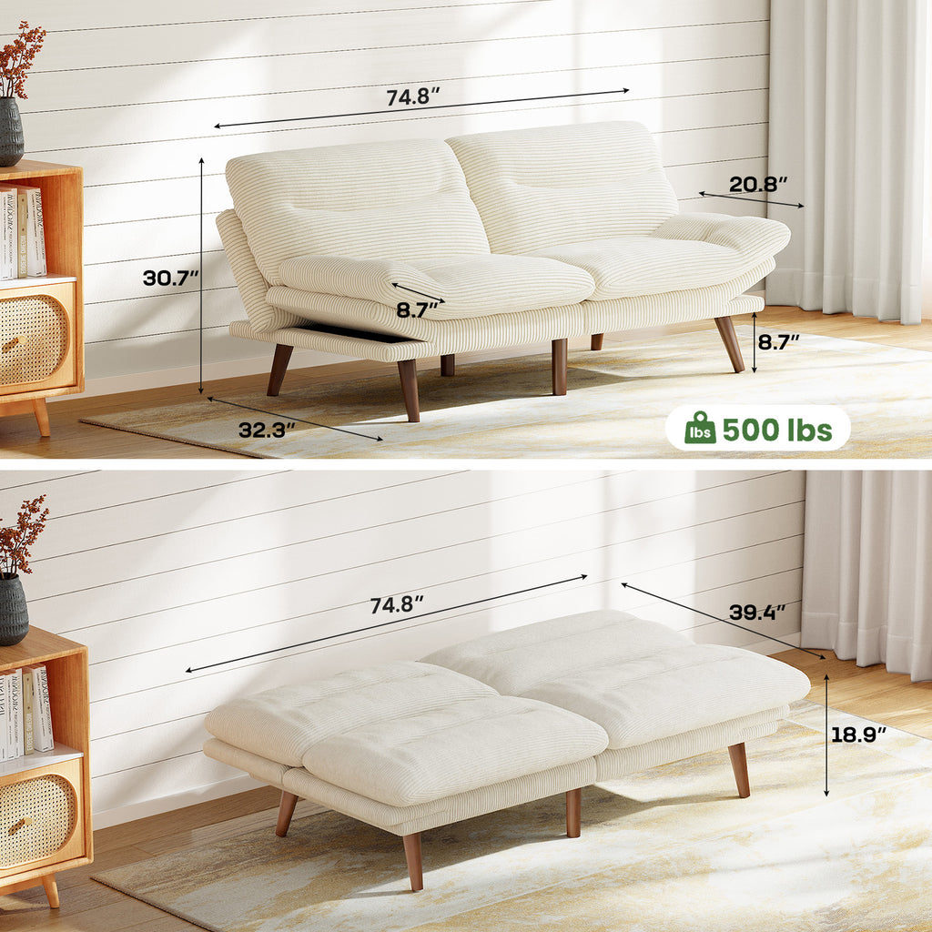 A Sofa Bed with an Adjustable Backrest And Armrests, Measuring 66-75 Inches, Suitable for Living Rooms Or Office Reception Areas, Can Be Converted Into a Space-Saving Sofa Bed