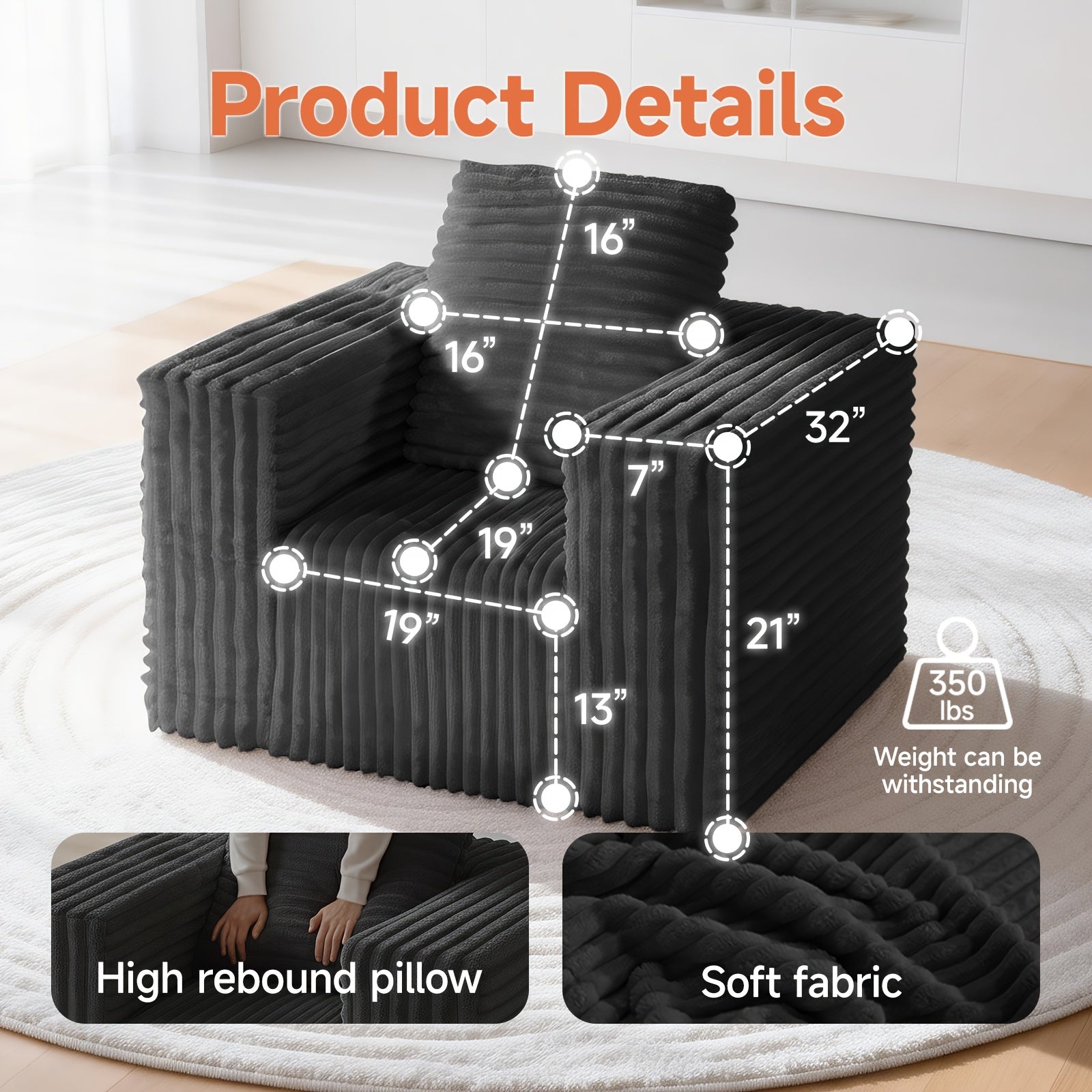 Cloud Single Sofa | Upholstered Floor Sofa With Pillows And Armrests, Bean Bag Sofa Plush Chair Couch For Bedroom Living Room, Modern Memory Foam With Sponge Fill