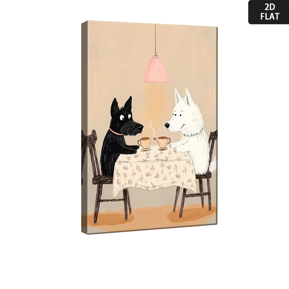 2D Flat, Rustic Farmhouse Wall Art - Cute Black & White Dog Painting with Wooden Frame, 2D Flat Canvas Print for Living Room, Bedroom, Bathroom, Kitchen, Home Office Decor, Dog Decor, Perfect for Room Decor