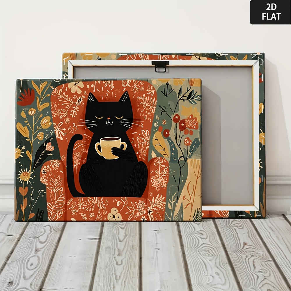 2D Flat, Mod Black Cat & Floral Canvas Art Painting - Vib Orange Background with Green Foliage, Wrapped Wooden Frame, Min Black Cat Poster for Living Room, Bedroom, Kitchen Decor - Contemporary Home Decoration Ready-to-Hang Print, Christmas Canvas Art,