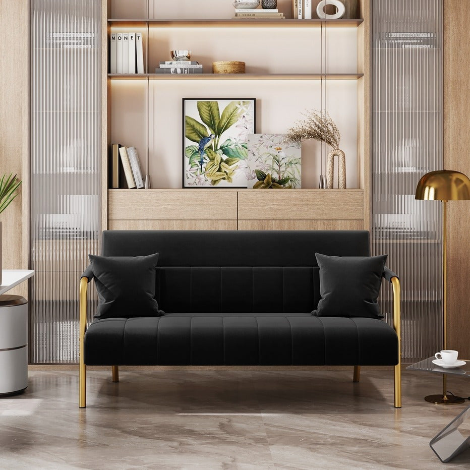 Costoffs Velvet Fabric Sofa Couch, 56.5″ W Modern Loveseat Couch with Gold-tone Metal Arms, Legs & 2 Pillows, Sofa for Living Room, Bedroom Furniture