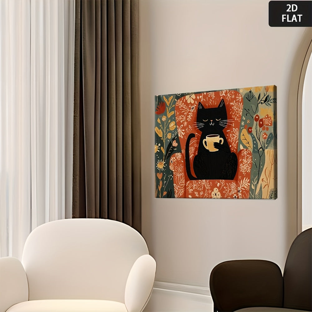 2D Flat, Mod Black Cat & Floral Canvas Art Painting - Vib Orange Background with Green Foliage, Wrapped Wooden Frame, Min Black Cat Poster for Living Room, Bedroom, Kitchen Decor - Contemporary Home Decoration Ready-to-Hang Print, Christmas Canvas Art,