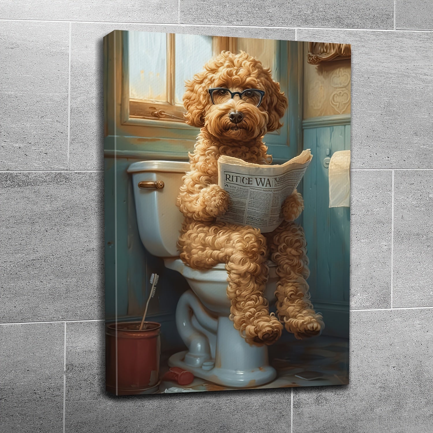 2D Flat, 2D Flat, A Humorous Canvas Art Featuring a Dog Sitting on a Toilet And Reading a Newspaper, Framed And Ideal for Restroom Decor. This Unique Piece Is Perfect for Dog Enthusiasts And Adds a Quirky Touch to Your Home