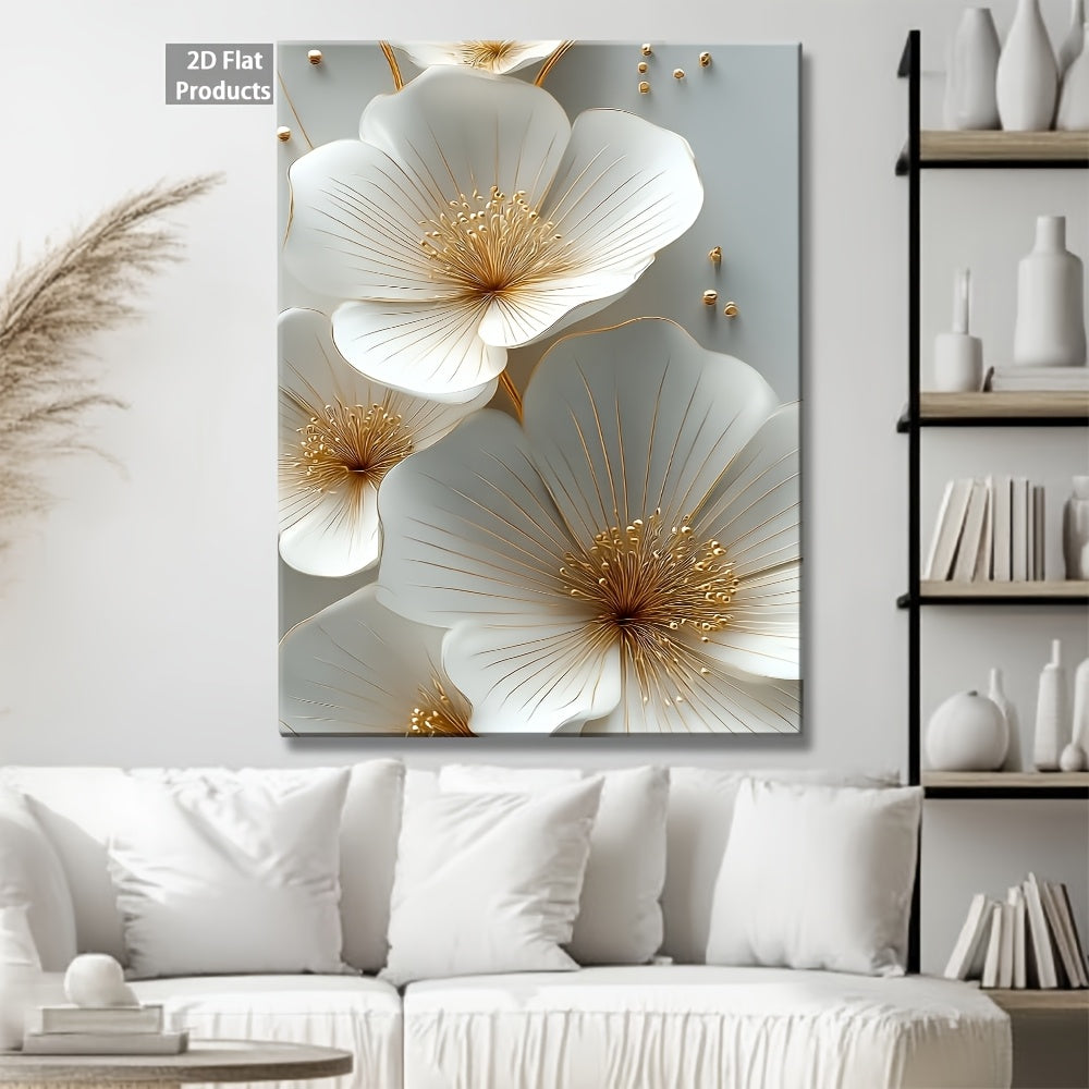 2D Flat, 2D Flat, 2D Flat A Single Piece of 2D Flat Decorative Art Featuring Wooden Frames, Showcasing White Flowers Outlined in Golden. This Wall Art Poster Is Designed for Horizontal Display And Is Suitable for Living Rooms, Offices