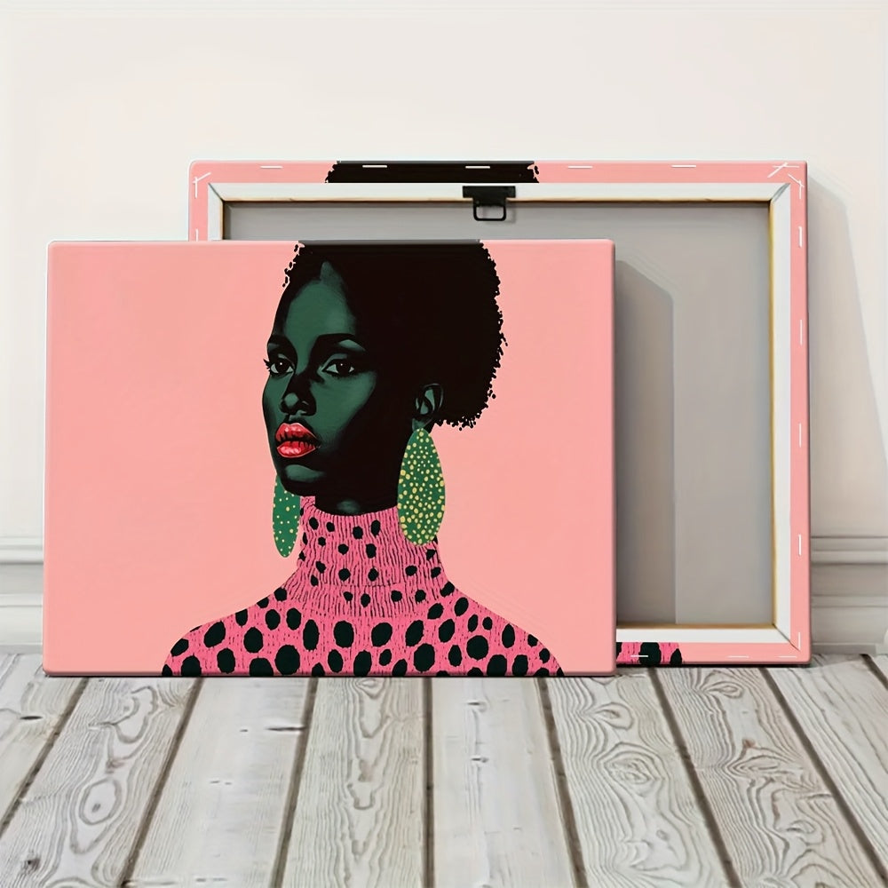 2D Flat, African Woman Portrait Canvas Art - Min Black & Pink Abs Painting with Green Earrings & Polka Dot Necklace, Wooden Framed Ready-to-Hang Decor for Living Room, Bedroom, Office - Unique Gift Idea, Bedroom Enhancement, Mod Aesthetic, Highdefinition