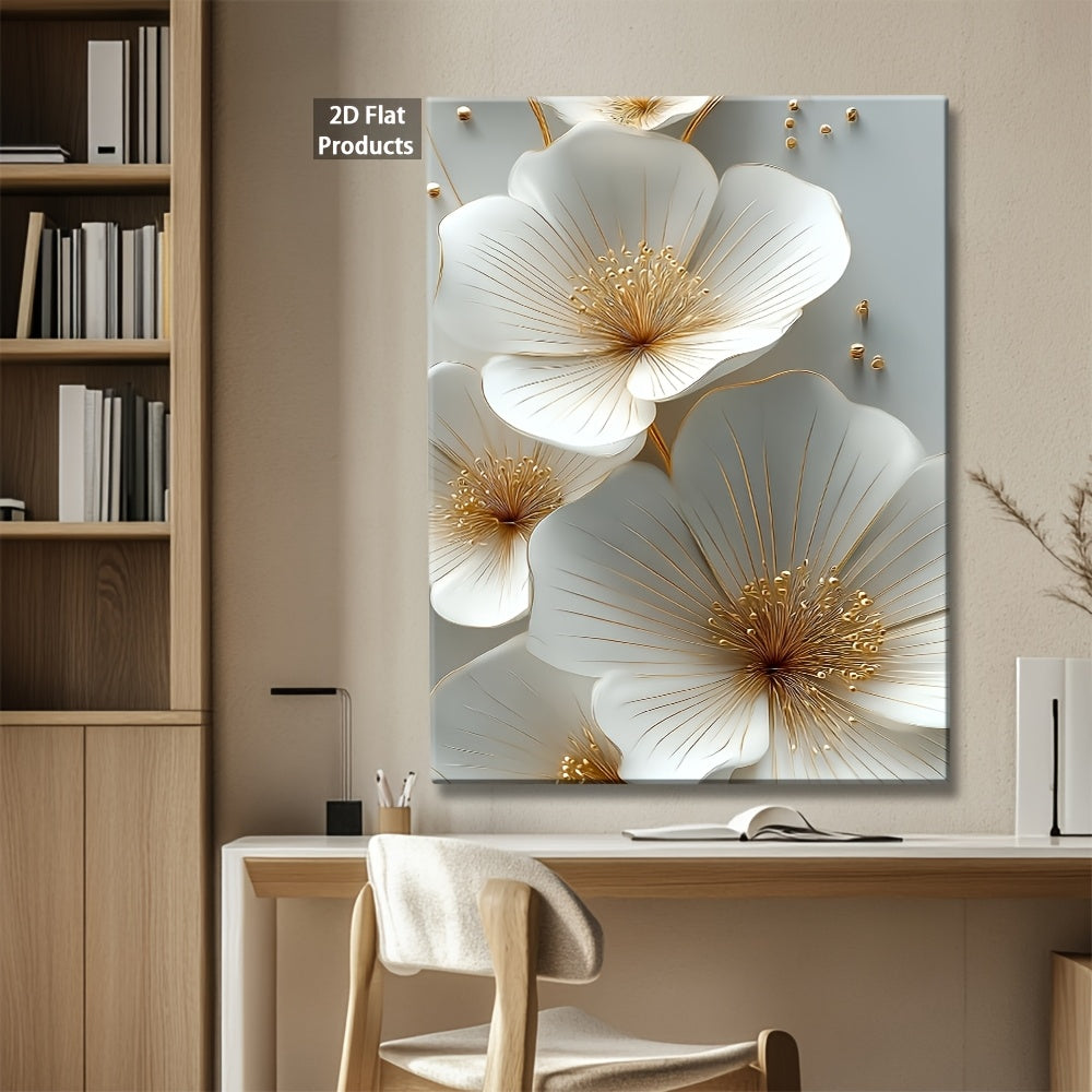 2D Flat, 2D Flat, 2D Flat A Single Piece of 2D Flat Decorative Art Featuring Wooden Frames, Showcasing White Flowers Outlined in Golden. This Wall Art Poster Is Designed for Horizontal Display And Is Suitable for Living Rooms, Offices