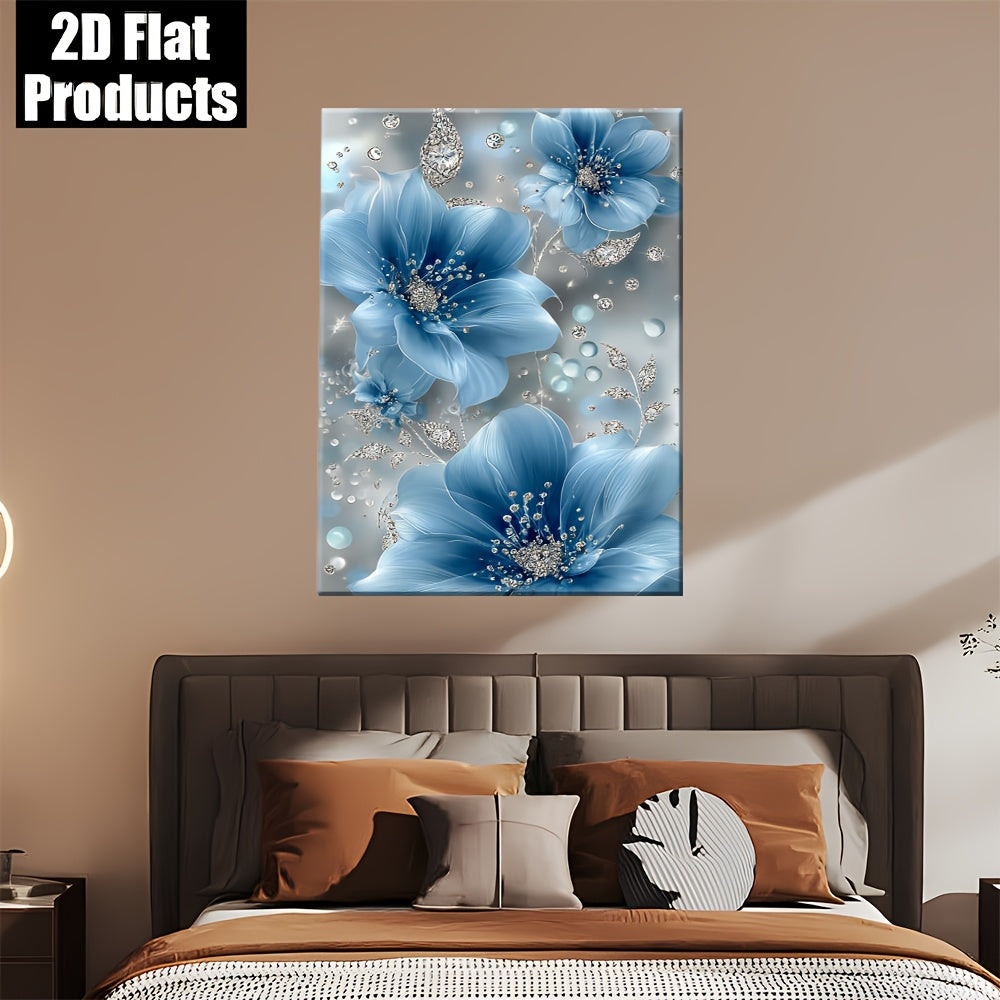 2D Flat Eleg Blue Floral Wall Art with Diamond Accents - Light Silvery Frame, 2D Flat Canvas Print, Perfect for Living Room, Bedroom, Office, or Kitchen Decor - Ideal Gift for Mother'S Day, Independence Day, or Youngsters' Day, Bedroom Wall Decor | Eleg