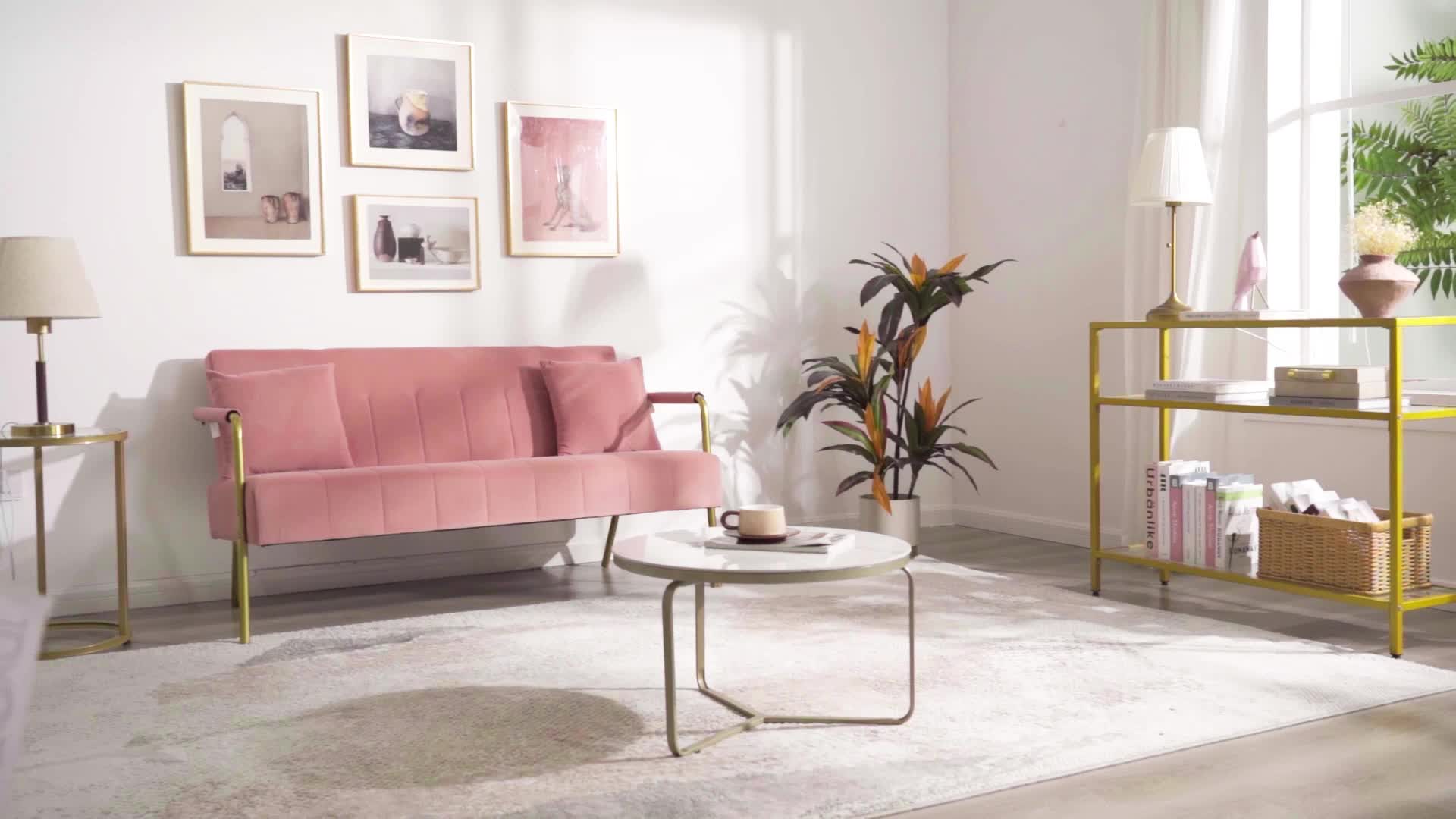 Costoffs Velvet Fabric Sofa Couch, 56.5″ W Modern Loveseat Couch with Gold-tone Metal Arms, Legs & 2 Pillows, Sofa for Living Room, Bedroom Furniture