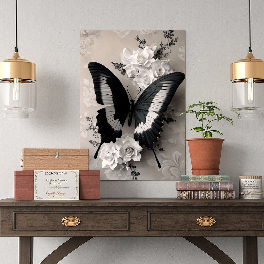 1pc Wooden Framed Wall Art - Eleg Black & White Butterfly with Floral accents, Vertical Hanging Canvas Painting for Living Room, Bedroom, Office, Bathroom - Mother's Day, Birthday, Wedding, Housewarming Gift - Mod Home Decor Decoration, Bedroom Artwork,