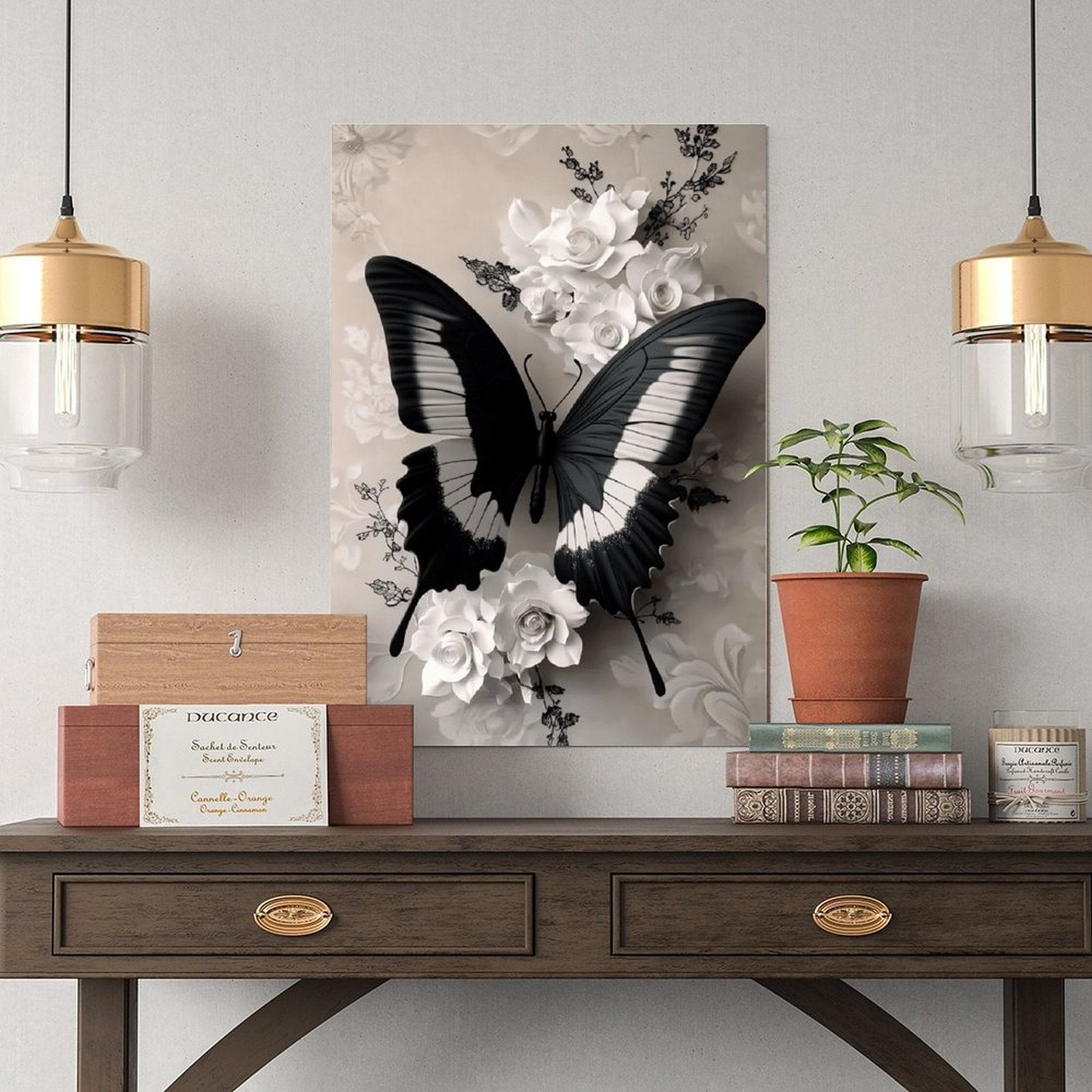 1pc Wooden Framed Wall Art - Eleg Black & White Butterfly with Floral accents, Vertical Hanging Canvas Painting for Living Room, Bedroom, Office, Bathroom - Mother's Day, Birthday, Wedding, Housewarming Gift - Mod Home Decor Decoration, Bedroom Artwork,