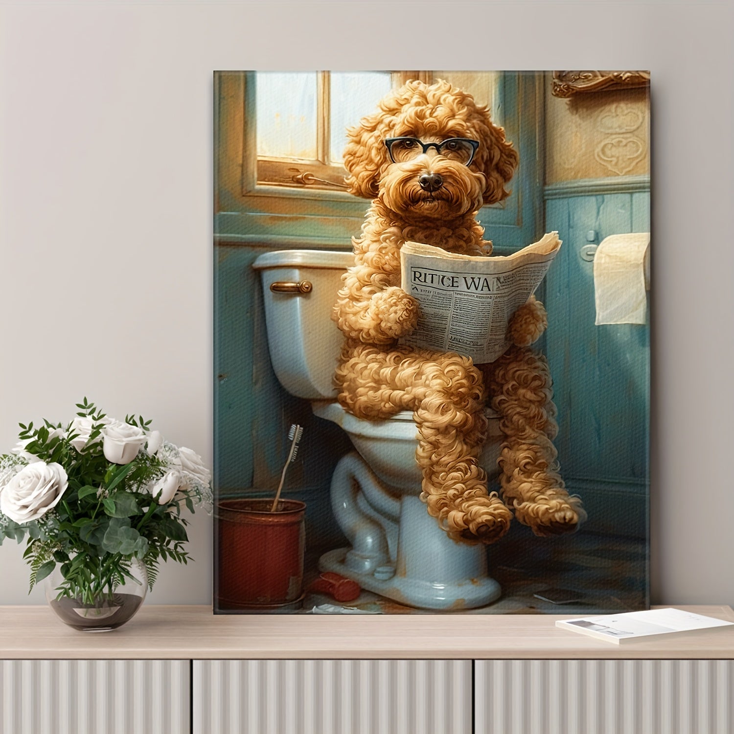 2D Flat, 2D Flat, A Humorous Canvas Art Featuring a Dog Sitting on a Toilet And Reading a Newspaper, Framed And Ideal for Restroom Decor. This Unique Piece Is Perfect for Dog Enthusiasts And Adds a Quirky Touch to Your Home