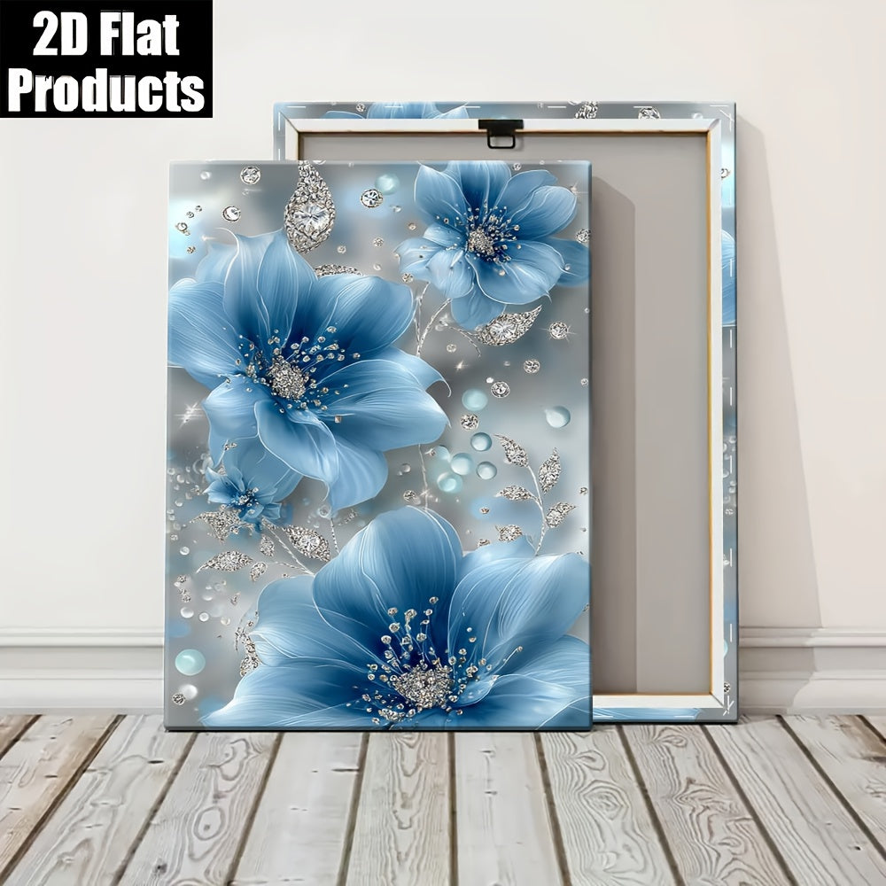 2D Flat Eleg Blue Floral Wall Art with Diamond Accents - Light Silvery Frame, 2D Flat Canvas Print, Perfect for Living Room, Bedroom, Office, or Kitchen Decor - Ideal Gift for Mother'S Day, Independence Day, or Youngsters' Day, Bedroom Wall Decor | Eleg