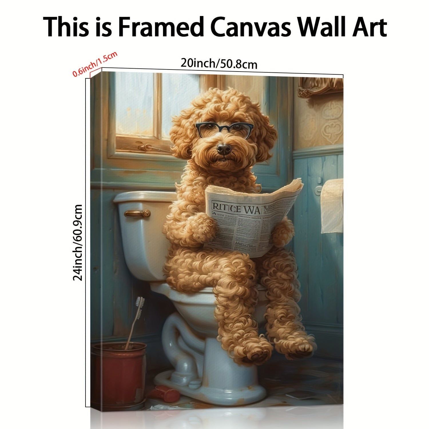 2D Flat, 2D Flat, A Humorous Canvas Art Featuring a Dog Sitting on a Toilet And Reading a Newspaper, Framed And Ideal for Restroom Decor. This Unique Piece Is Perfect for Dog Enthusiasts And Adds a Quirky Touch to Your Home