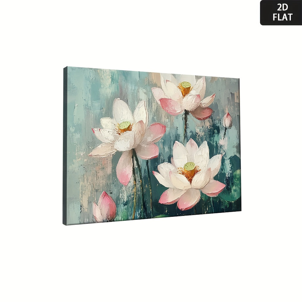 2D Flat, 1pc Vintage for Lotus Flower Poster - Mod Min Turquoise & Pink Golden Green White Beige Wall Art - Wrapped Canvas Painting Print for Living Room, Bedroom, Office Decor - Soft Pastel Hues, Calming Aesthetic, Sizes Available - Eleg Home Decoration