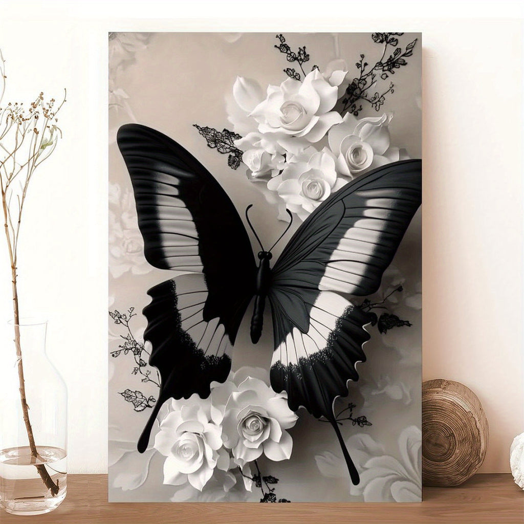 1pc Wooden Framed Wall Art - Eleg Black & White Butterfly with Floral accents, Vertical Hanging Canvas Painting for Living Room, Bedroom, Office, Bathroom - Mother's Day, Birthday, Wedding, Housewarming Gift - Mod Home Decor Decoration, Bedroom Artwork,