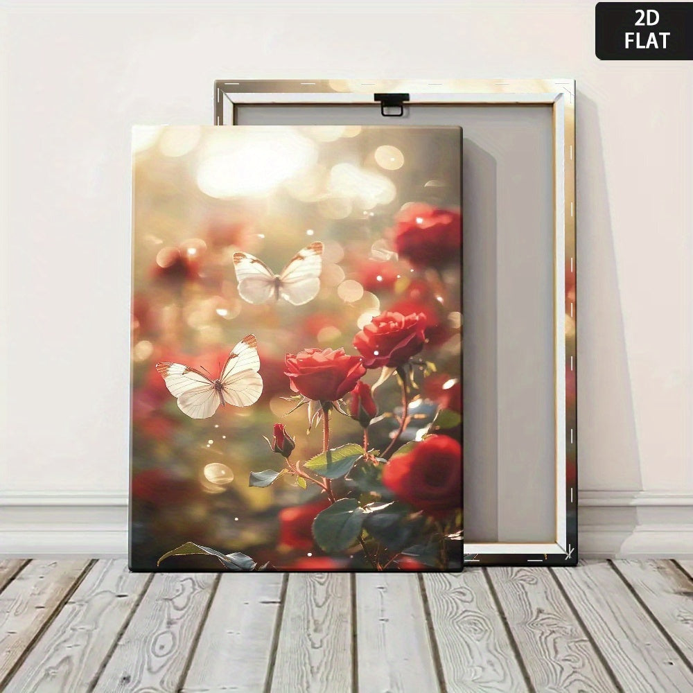 2D Flat, Vib Red Roses & Butterflies Canvas Art - Mod Floral Painting with & Pink Blooms, Wrapped Framed Poster for Home Office, Bedroom, Living Room Decor - Inspirational Botanical Print on High-Quality Canvas