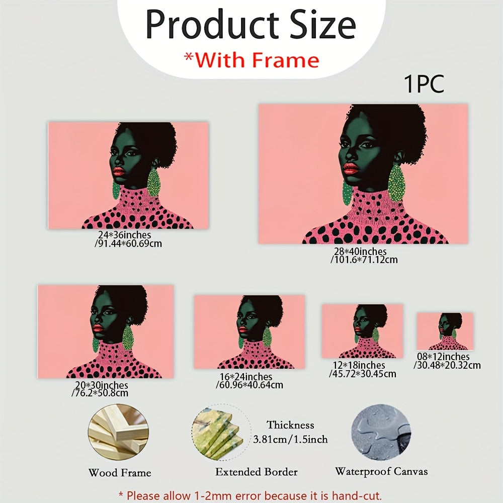 2D Flat, African Woman Portrait Canvas Art - Min Black & Pink Abs Painting with Green Earrings & Polka Dot Necklace, Wooden Framed Ready-to-Hang Decor for Living Room, Bedroom, Office - Unique Gift Idea, Bedroom Enhancement, Mod Aesthetic, Highdefinition