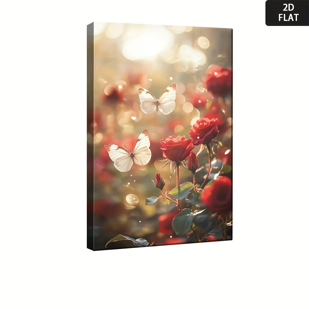 2D Flat, Vib Red Roses & Butterflies Canvas Art - Mod Floral Painting with & Pink Blooms, Wrapped Framed Poster for Home Office, Bedroom, Living Room Decor - Inspirational Botanical Print on High-Quality Canvas