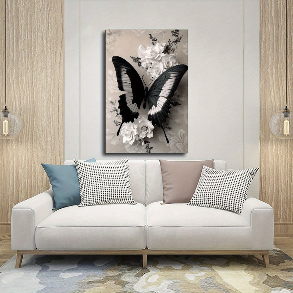 1pc Wooden Framed Wall Art - Eleg Black & White Butterfly with Floral accents, Vertical Hanging Canvas Painting for Living Room, Bedroom, Office, Bathroom - Mother's Day, Birthday, Wedding, Housewarming Gift - Mod Home Decor Decoration, Bedroom Artwork,