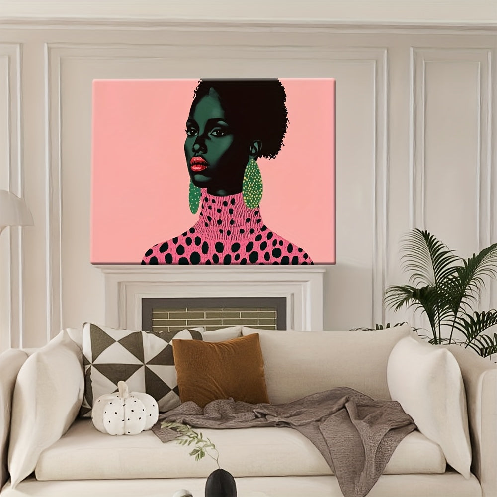 2D Flat, African Woman Portrait Canvas Art - Min Black & Pink Abs Painting with Green Earrings & Polka Dot Necklace, Wooden Framed Ready-to-Hang Decor for Living Room, Bedroom, Office - Unique Gift Idea, Bedroom Enhancement, Mod Aesthetic, Highdefinition