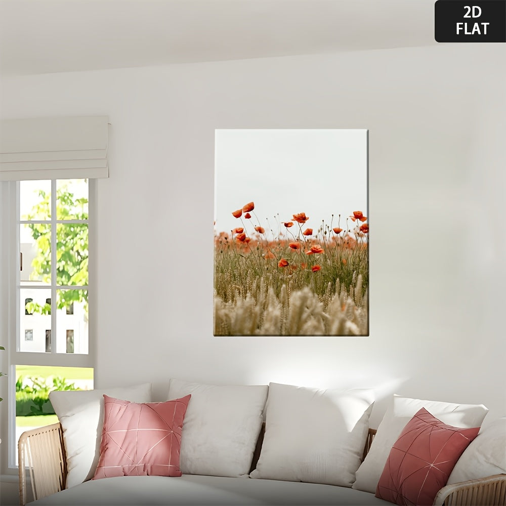 2D Flat, 1pc Framed Canvas Poster - Red Poppies & Golden-Brown Wheat Farmhouse Wall Decor - Ready-to-Hang Painting for Living Room, Bedroom, Office - High-Quality Canvas Print - Housewarming Gift Idea, Canvas Art Ready to Hang, 2D Flat