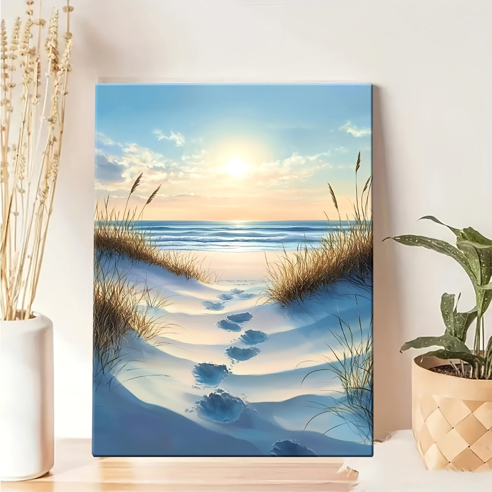 2D Flat A Wooden Frame Art A Beauty Painting of The Beach with Sand Dunes And Sea Grass 1pc Package Canvas Poster Mod Canvas Poster Decoration Poster Mod Room Decor, Home Decor, Bedroom Decor, Interior Decor, Wall Decor Unique Gift Idea Ready to Hang
