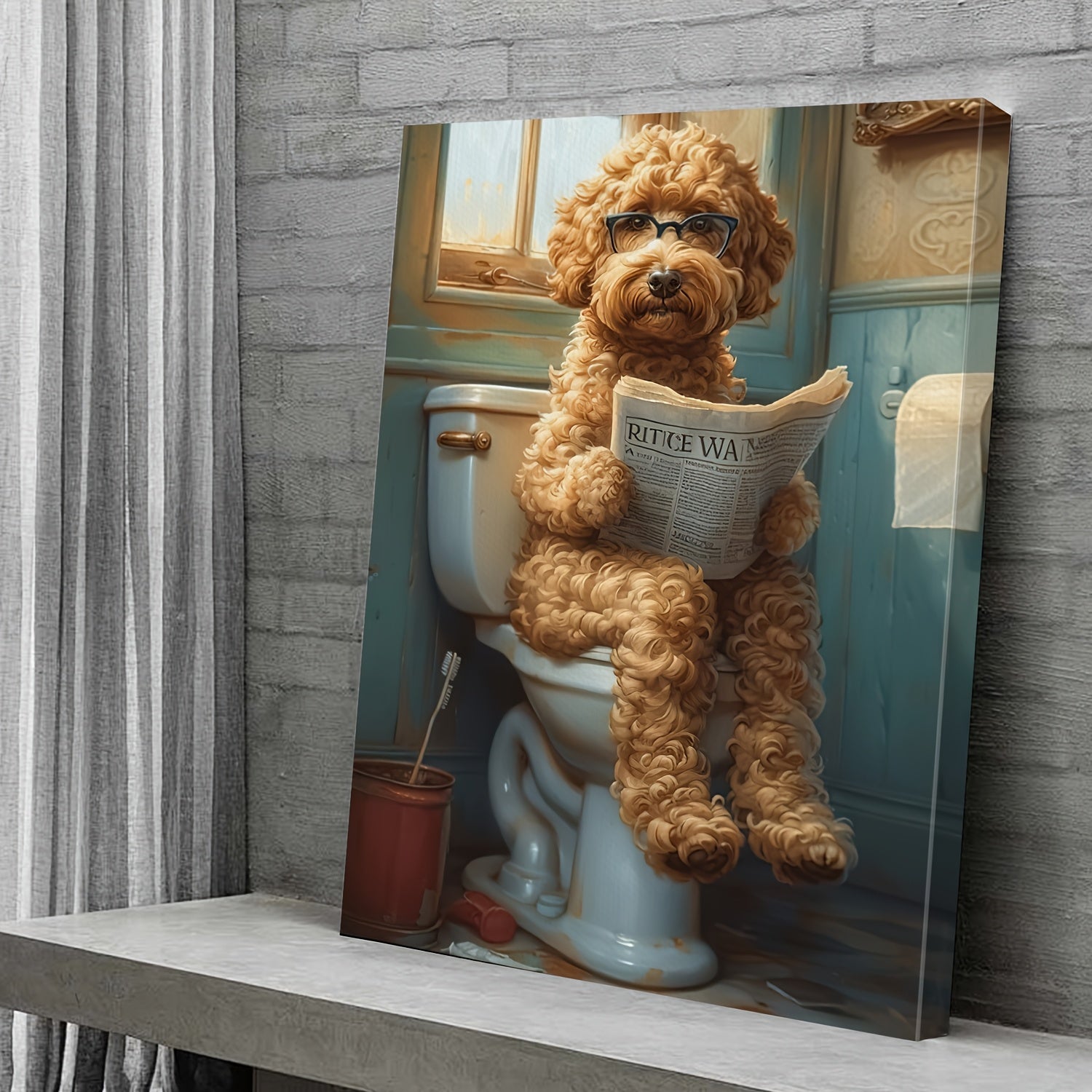 2D Flat, 2D Flat, A Humorous Canvas Art Featuring a Dog Sitting on a Toilet And Reading a Newspaper, Framed And Ideal for Restroom Decor. This Unique Piece Is Perfect for Dog Enthusiasts And Adds a Quirky Touch to Your Home