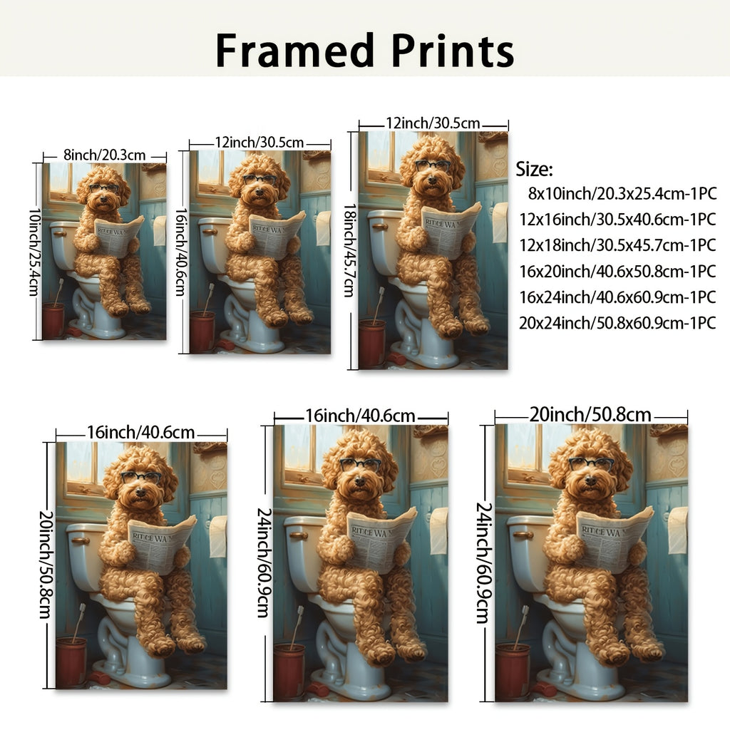 2D Flat, 2D Flat, A Humorous Canvas Art Featuring a Dog Sitting on a Toilet And Reading a Newspaper, Framed And Ideal for Restroom Decor. This Unique Piece Is Perfect for Dog Enthusiasts And Adds a Quirky Touch to Your Home