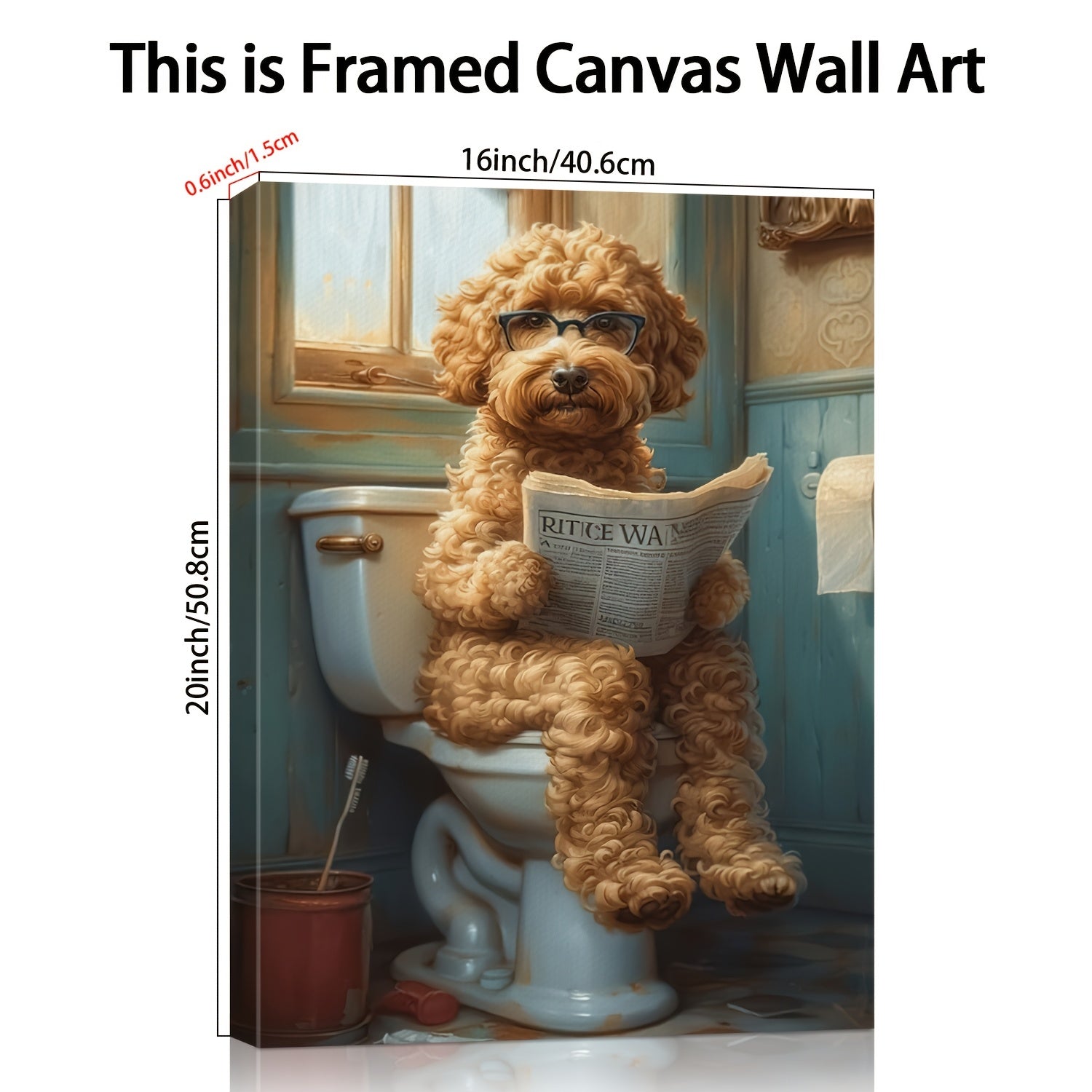 2D Flat, 2D Flat, A Humorous Canvas Art Featuring a Dog Sitting on a Toilet And Reading a Newspaper, Framed And Ideal for Restroom Decor. This Unique Piece Is Perfect for Dog Enthusiasts And Adds a Quirky Touch to Your Home