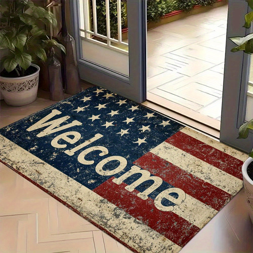 A Single Modern Carpet Doormat Featuring an American Flag Design, Suitable for Indoor Use in Bedrooms, Living Rooms, And Kitchens, Perfect for Holiday Decorations Like Father'S Day And Independence Day